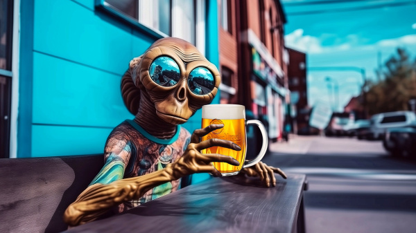 I mimozemšťani vědí, že Plzeň je nejlepší destinace pro pivo Vtipná postava mimozemšťana s pivem v ulicích Plzně