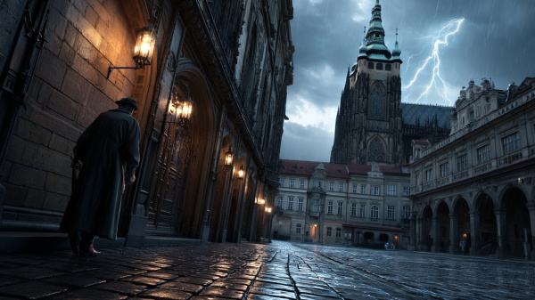 Historická postava Rudolfa II. vítá tým během hry Treasure Hunt Praha